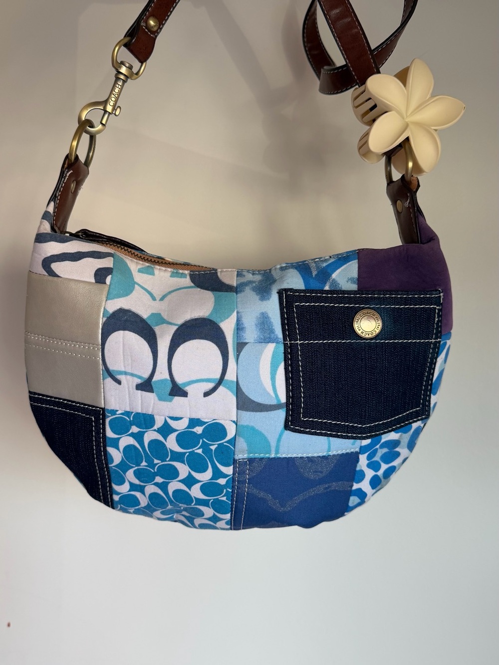 Coach Patchwork Blue & Navy Shoulder Bag with Flower Charm